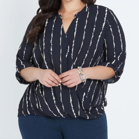 Bloomchic Stripe Crossover Snap Closure Half Sleeve Blouson Top - Picture 1 of 10